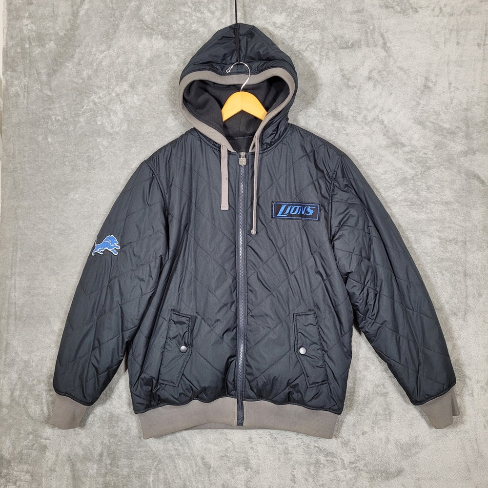 Vtg Pro Line NFL Detroit Lions Quilted Hooded Bomber Jacket Mens M Black Blue